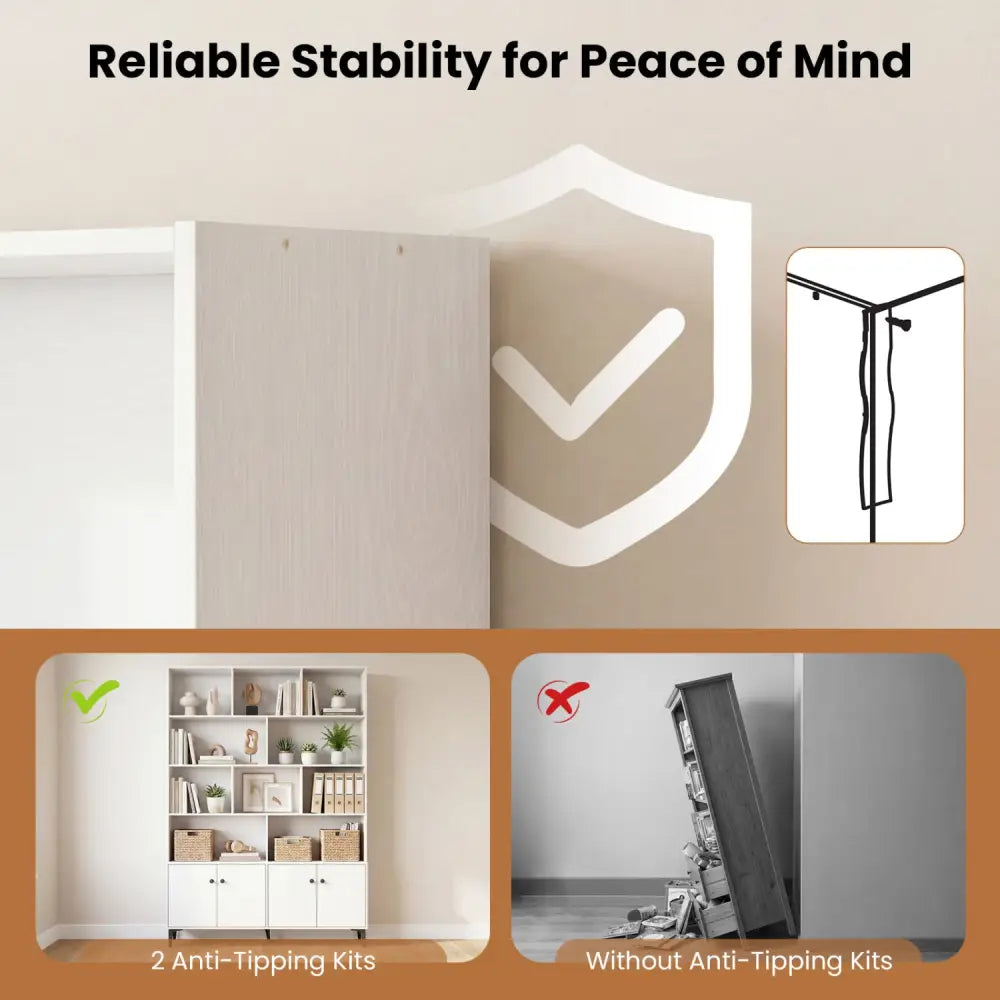 Bookshelf with 4 Doors and 2 Anti-Tipping Kits for Home Office-White - White - Bookcases