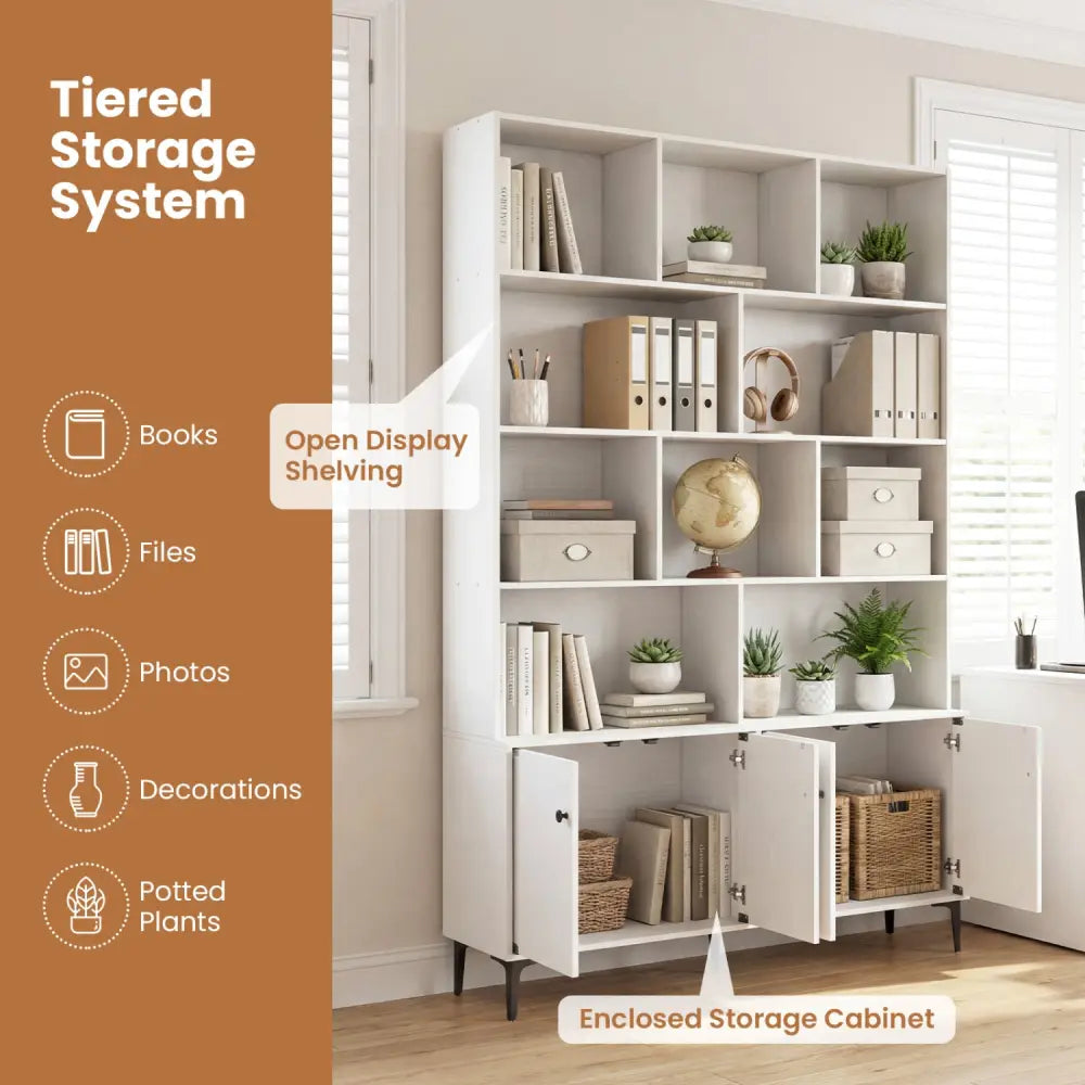 Bookshelf with 4 Doors and 2 Anti-Tipping Kits for Home Office-White - White - Bookcases