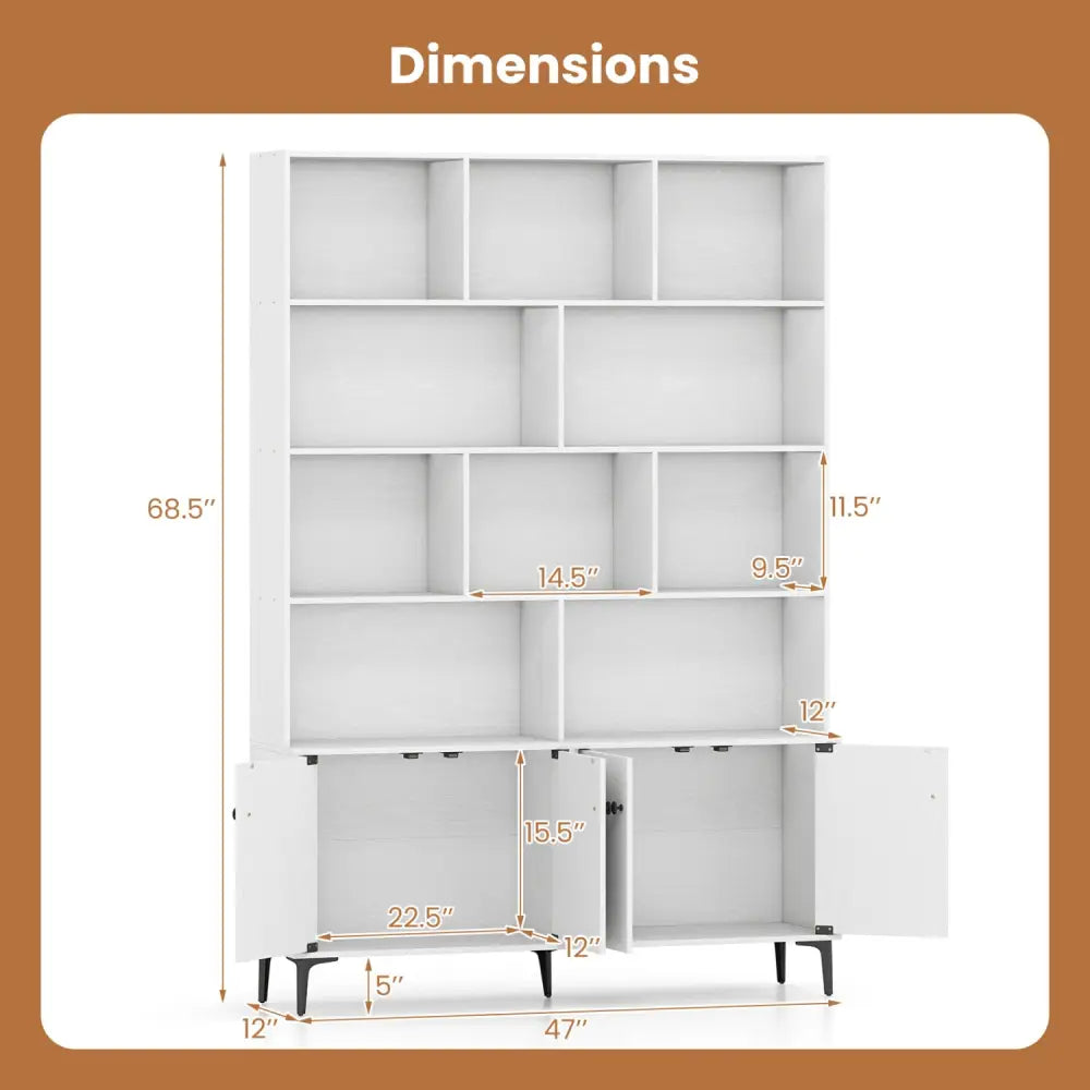 Bookshelf with 4 Doors and 2 Anti-Tipping Kits for Home Office-White - White - Bookcases