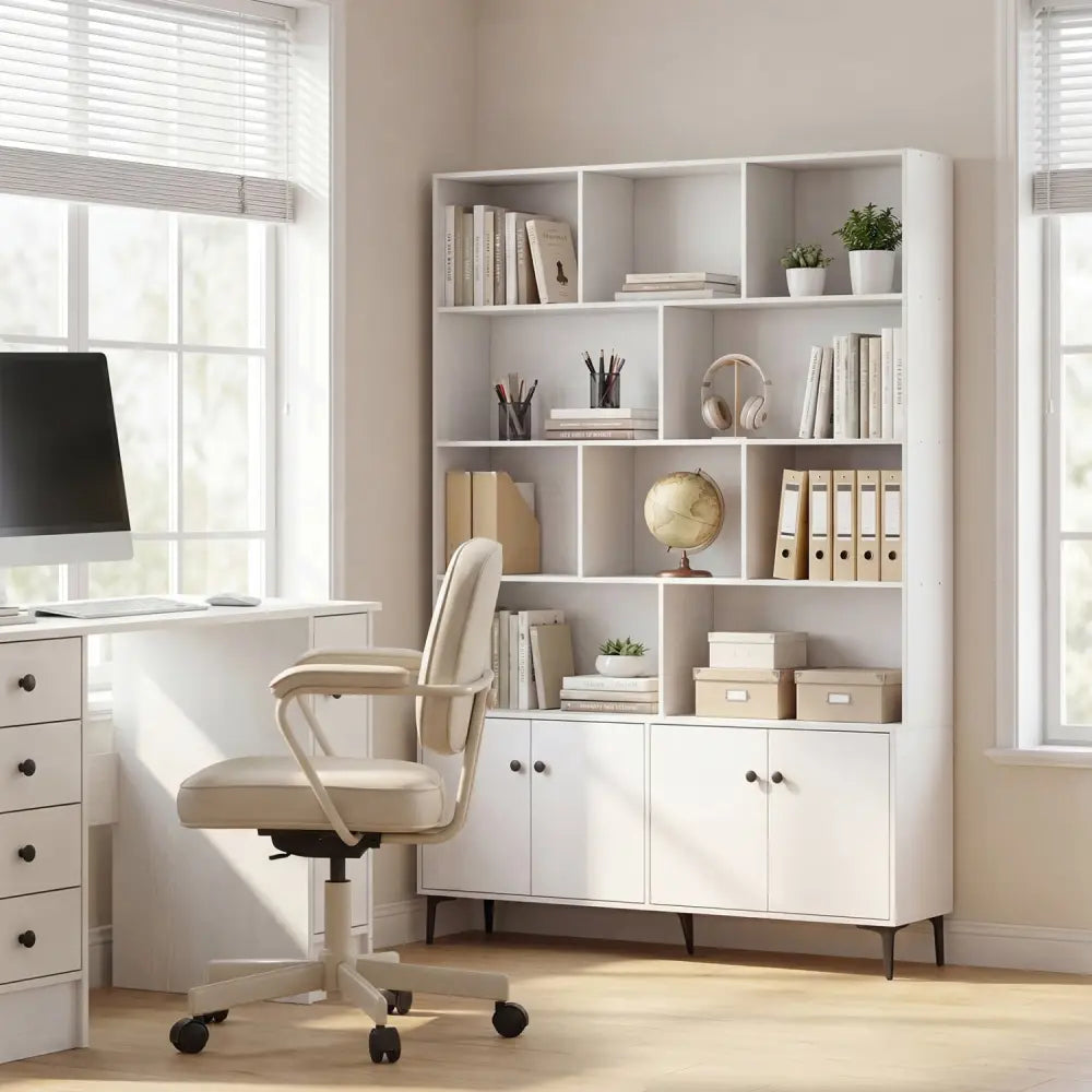 Bookshelf with 4 Doors and 2 Anti-Tipping Kits for Home Office-White - White - Bookcases