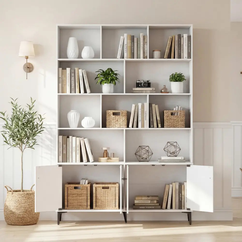 Bookshelf with 4 Doors and 2 Anti-Tipping Kits for Home Office-White - White - Bookcases