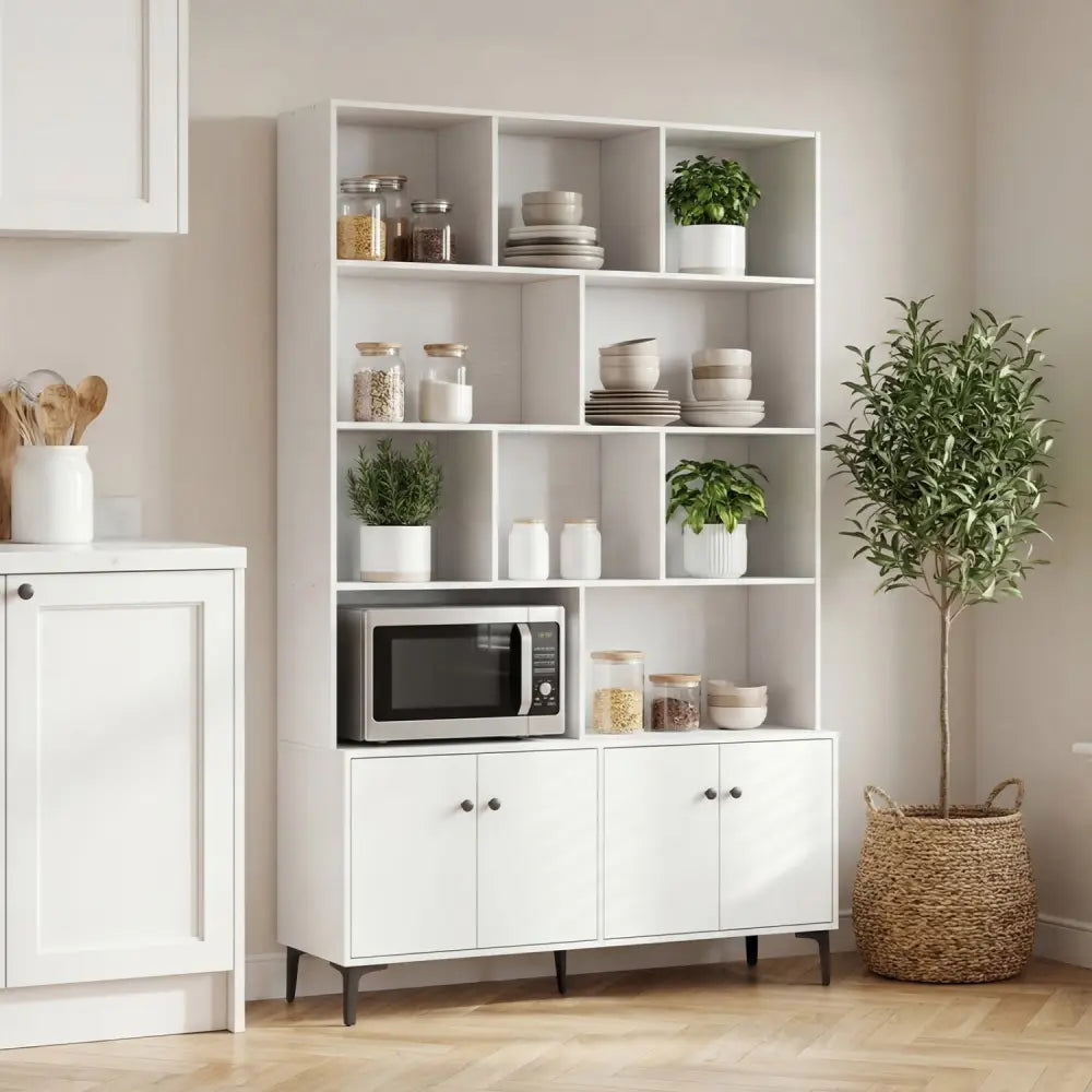 Bookshelf with 4 Doors and 2 Anti-Tipping Kits for Home Office-White - White - Bookcases