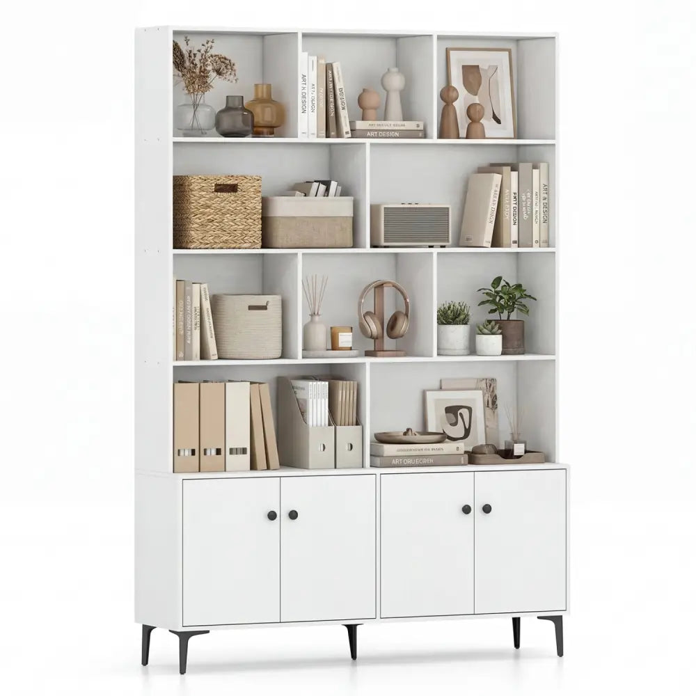 Bookshelf with 4 Doors and 2 Anti-Tipping Kits for Home Office-White - White - Bookcases