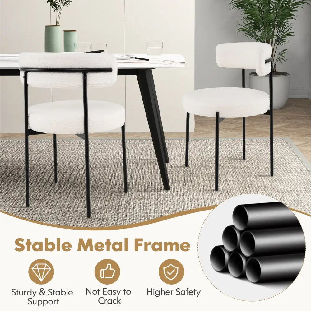 Boucle Dining Chair with Curved Backrest and Metal Legs Set of 4-White - White - Dining Chairs