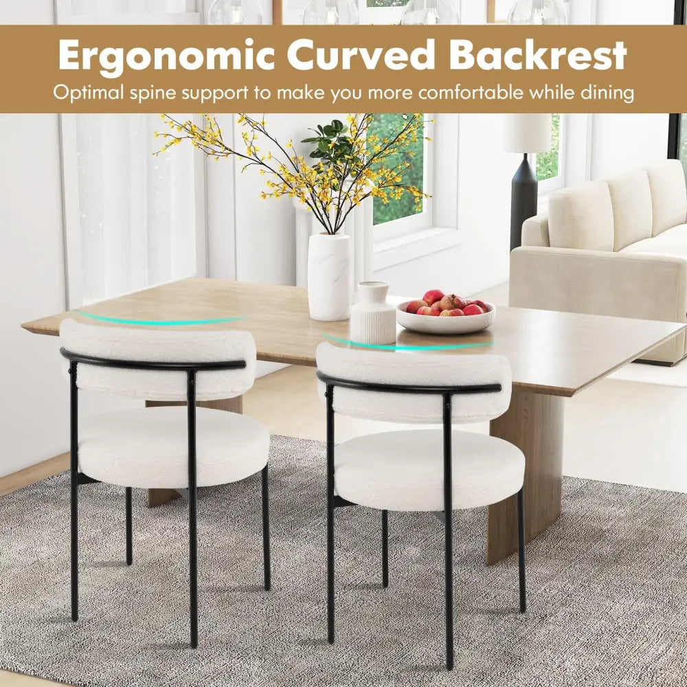 Boucle Dining Chair with Curved Backrest and Metal Legs Set of 4-White - White - Dining Chairs