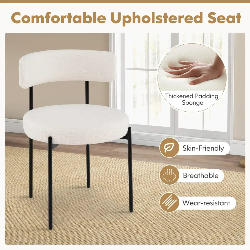 Boucle Dining Chair with Curved Backrest and Metal Legs Set of 4-White - White - Dining Chairs