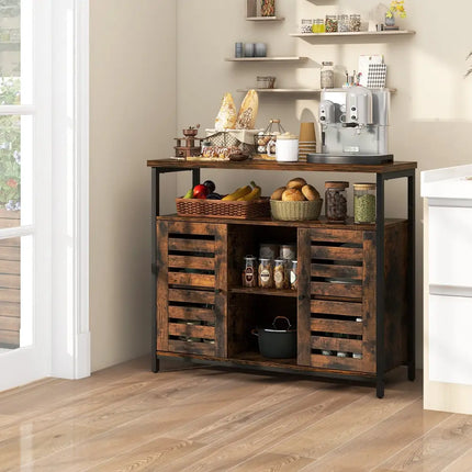 Buffet Cabinet Industrial Sideboard Storage Cabinet with Push-to-Open Slatted Door and 3 Adjustable Shelves-Rustic