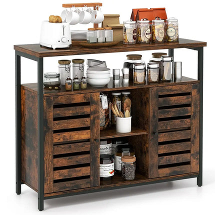 Buffet Cabinet Industrial Sideboard Storage Cabinet with Push-to-Open Slatted Door and 3 Adjustable Shelves-Rustic