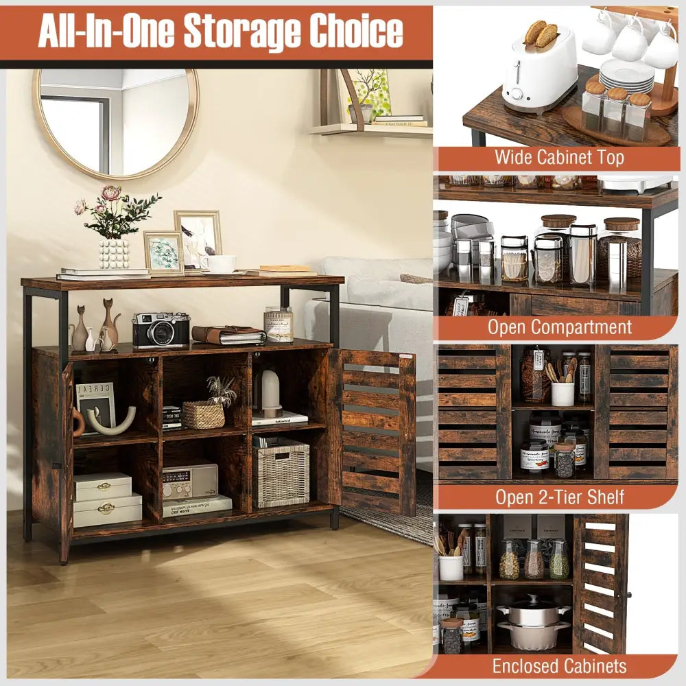 Buffet Cabinet Industrial Sideboard Storage Cabinet with Push-to-Open Slatted Door and 3 Adjustable Shelves-Rustic