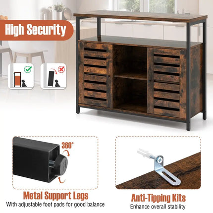 Buffet Cabinet Industrial Sideboard Storage Cabinet with Push-to-Open Slatted Door and 3 Adjustable Shelves-Rustic