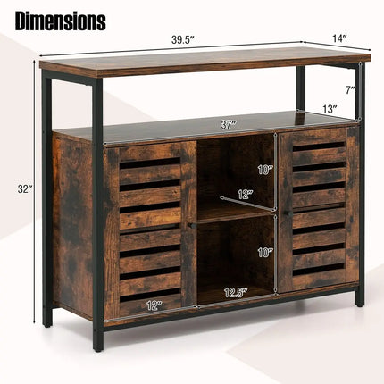 Buffet Cabinet Industrial Sideboard Storage Cabinet with Push-to-Open Slatted Door and 3 Adjustable Shelves-Rustic