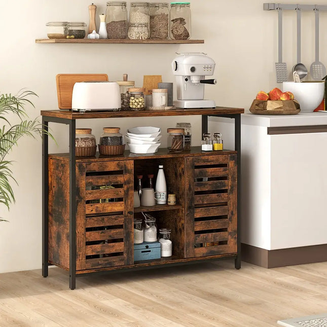 Buffet Cabinet Industrial Sideboard Storage Cabinet with Push-to-Open Slatted Door and 3 Adjustable Shelves-Rustic