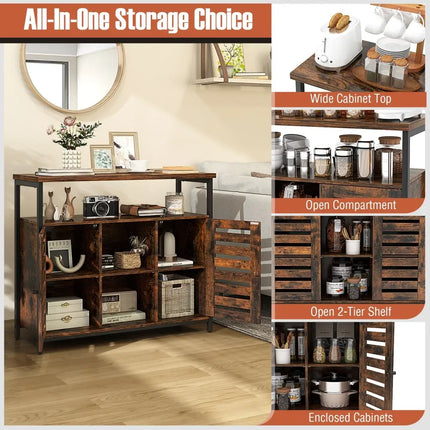 Buffet Cabinet Industrial Sideboard Storage Cabinet with Push-to-Open Slatted Door and 3 Adjustable Shelves-Rustic