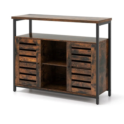 Buffet Cabinet Industrial Sideboard Storage Cabinet with Push-to-Open Slatted Door and 3 Adjustable Shelves-Rustic