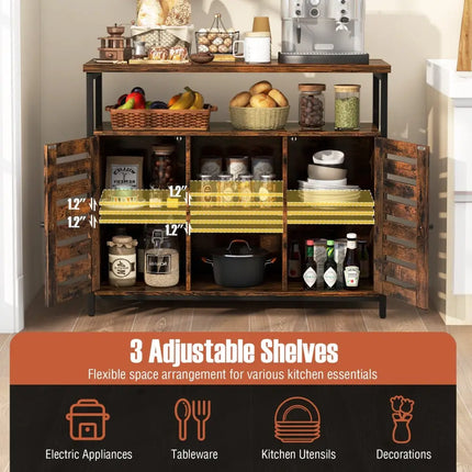 Buffet Cabinet Industrial Sideboard Storage Cabinet with Push-to-Open Slatted Door and 3 Adjustable Shelves-Rustic