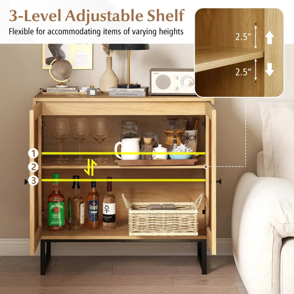 Buffet Cabinet Rattan Storage Cabinet with 2 Doors and Adjustable Shelf-Natural - Natural - Sideboards Cabinets &