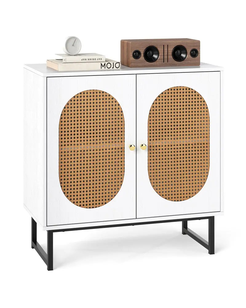 Buffet Cabinet Rattan Storage Cabinet with 2 Doors and Adjustable Shelf-White - White - Sideboards Cabinets & Buffets