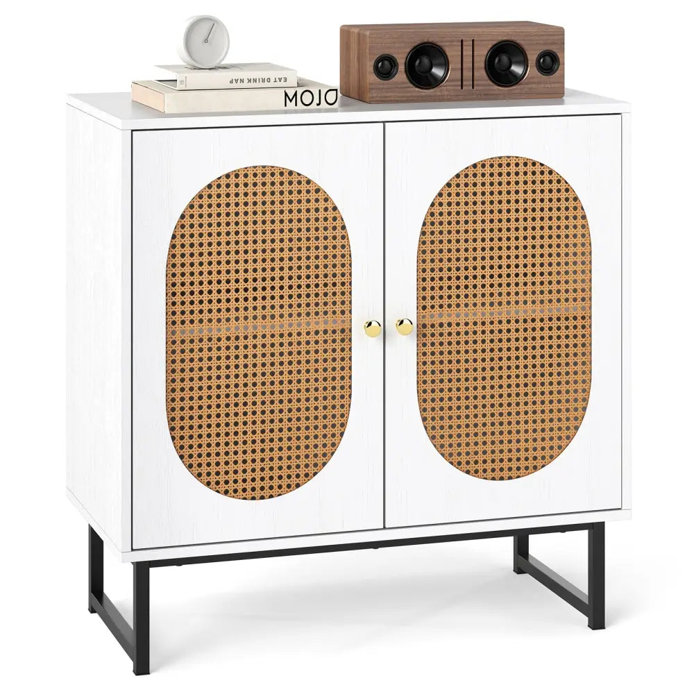 Buffet Cabinet Rattan Storage Cabinet with 2 Doors and Adjustable Shelf-White - White - Sideboards Cabinets & Buffets
