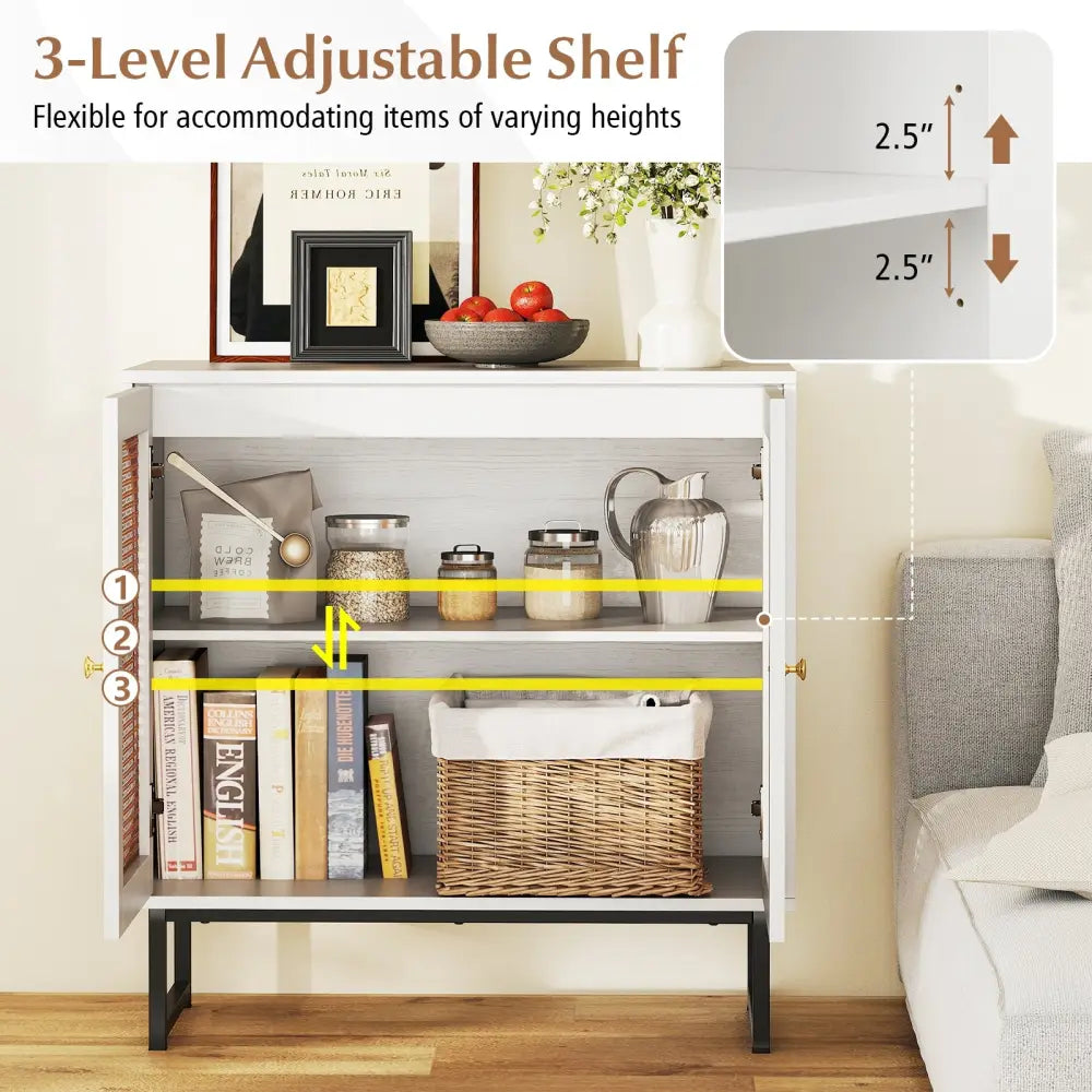 Buffet Cabinet Rattan Storage Cabinet with 2 Doors and Adjustable Shelf-White - White - Sideboards Cabinets & Buffets