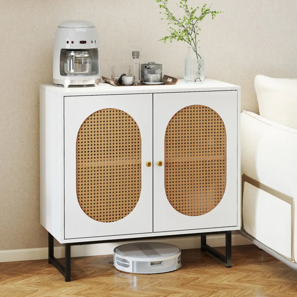 Buffet Cabinet Rattan Storage Cabinet with 2 Doors and Adjustable Shelf-White - White - Sideboards Cabinets & Buffets