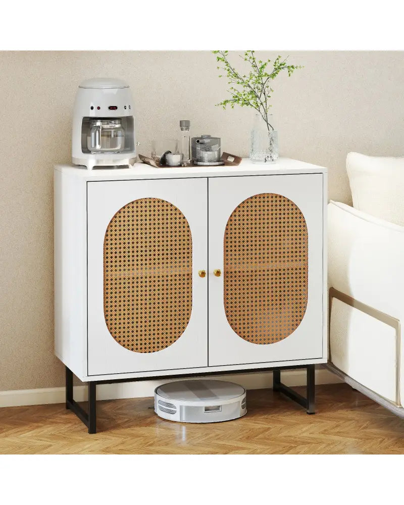 Buffet Cabinet Rattan Storage Cabinet with 2 Doors and Adjustable Shelf-White - White - Sideboards Cabinets & Buffets