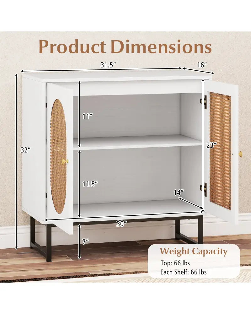 Buffet Cabinet Rattan Storage Cabinet with 2 Doors and Adjustable Shelf-White - White - Sideboards Cabinets & Buffets