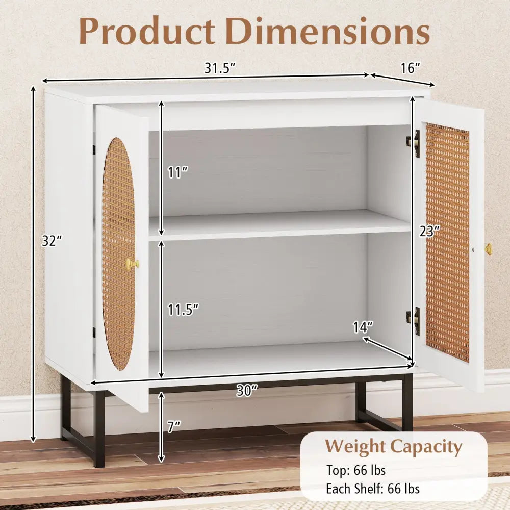 Buffet Cabinet Rattan Storage Cabinet with 2 Doors and Adjustable Shelf-White - White - Sideboards Cabinets & Buffets