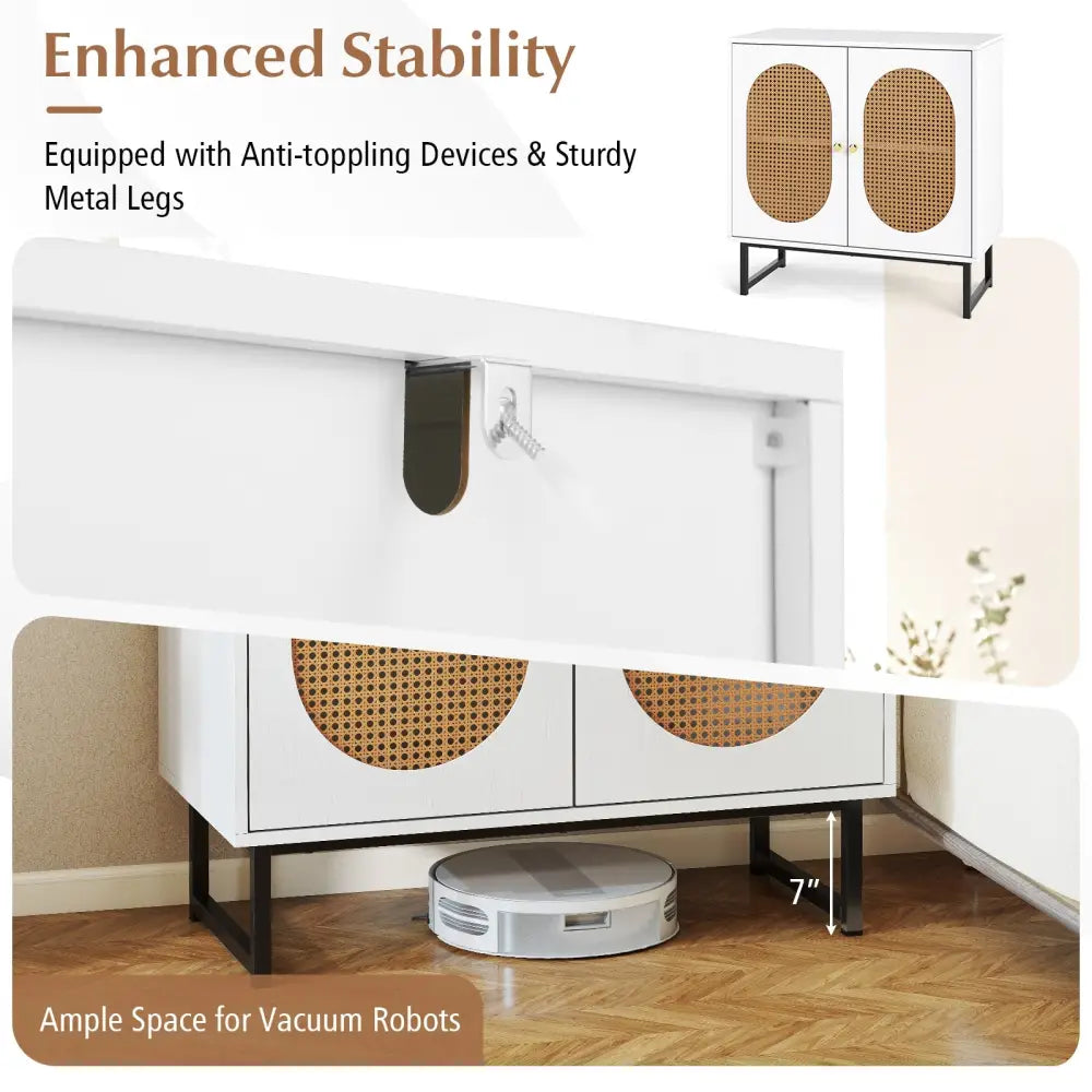 Buffet Cabinet Rattan Storage Cabinet with 2 Doors and Adjustable Shelf-White - White - Sideboards Cabinets & Buffets