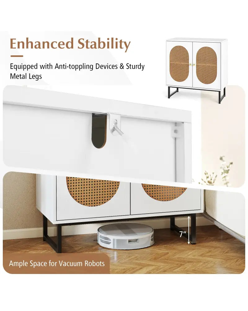 Buffet Cabinet Rattan Storage Cabinet with 2 Doors and Adjustable Shelf-White - White - Sideboards Cabinets & Buffets