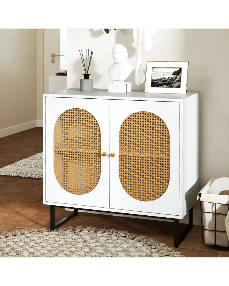 Buffet Cabinet Rattan Storage Cabinet with 2 Doors and Adjustable Shelf-White - White - Sideboards Cabinets & Buffets