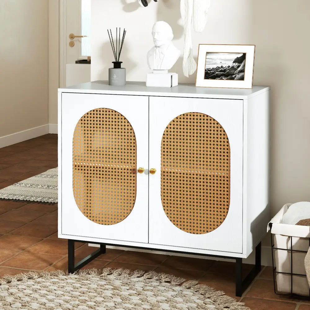Buffet Cabinet Rattan Storage Cabinet with 2 Doors and Adjustable Shelf-White - White - Sideboards Cabinets & Buffets