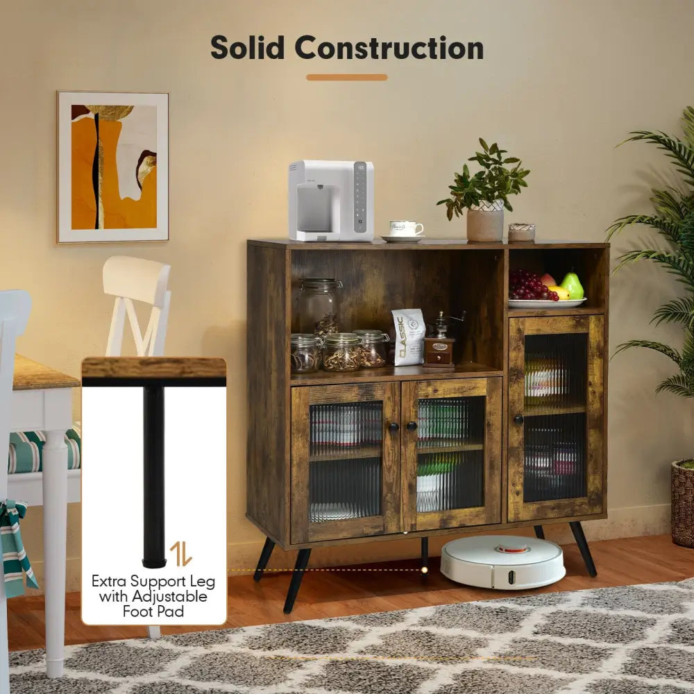 Buffet Kitchen Storage Cupboard with Glass Door and Adjustable Shelves-Rustic Brown - Rustic Brown - Sideboards