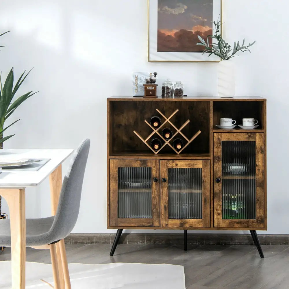 Buffet Kitchen Storage Cupboard with Glass Door and Adjustable Shelves-Rustic Brown - Rustic Brown - Sideboards