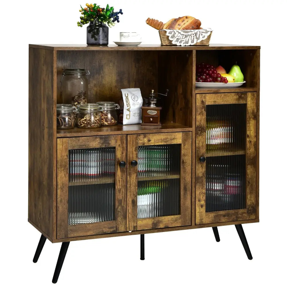 Buffet Kitchen Storage Cupboard with Glass Door and Adjustable Shelves-Rustic Brown - Rustic Brown - Sideboards