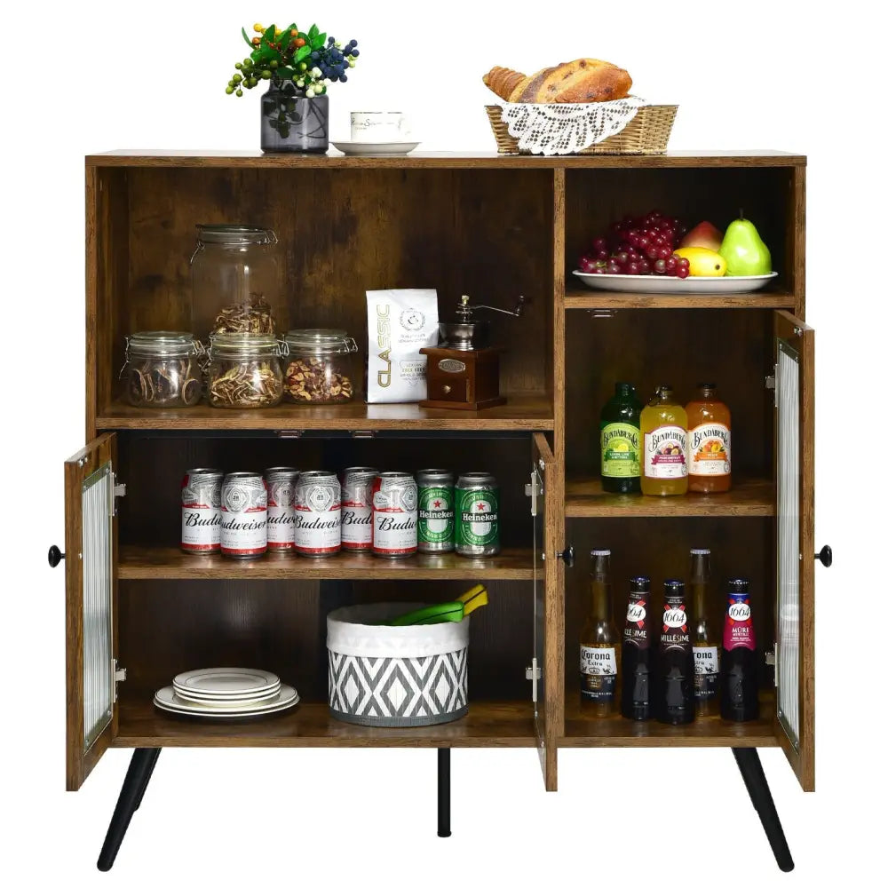 Buffet Kitchen Storage Cupboard with Glass Door and Adjustable Shelves-Rustic Brown - Rustic Brown - Sideboards