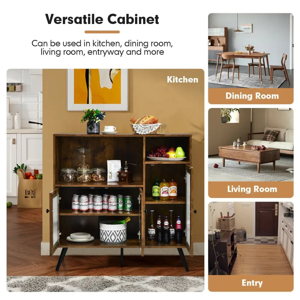 Buffet Kitchen Storage Cupboard with Glass Door and Adjustable Shelves-Rustic Brown - Rustic Brown - Sideboards