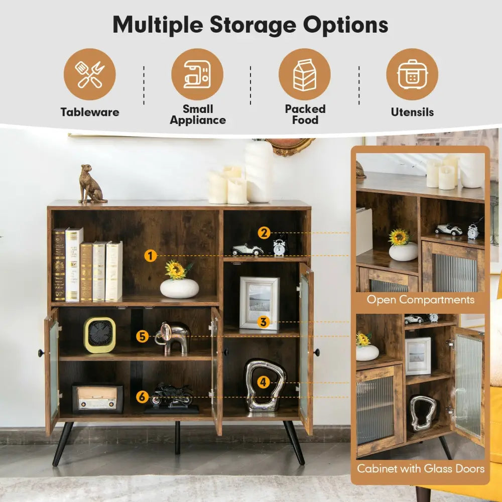 Buffet Kitchen Storage Cupboard with Glass Door and Adjustable Shelves-Rustic Brown - Rustic Brown - Sideboards