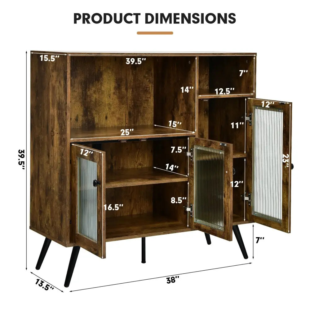 Buffet Kitchen Storage Cupboard with Glass Door and Adjustable Shelves-Rustic Brown - Rustic Brown - Sideboards