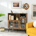 Buffet Kitchen Storage Cupboard with Glass Door and Adjustable Shelves-Rustic Brown - Rustic Brown - Sideboards