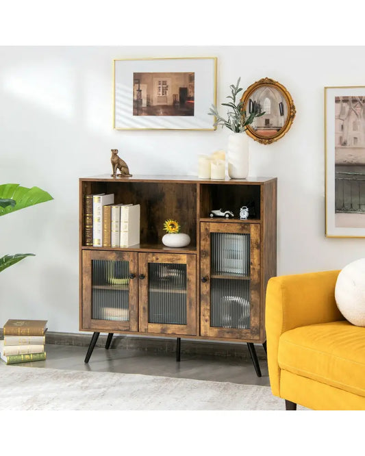 Buffet Kitchen Storage Cupboard with Glass Door and Adjustable Shelves-Rustic Brown - Rustic Brown - Sideboards