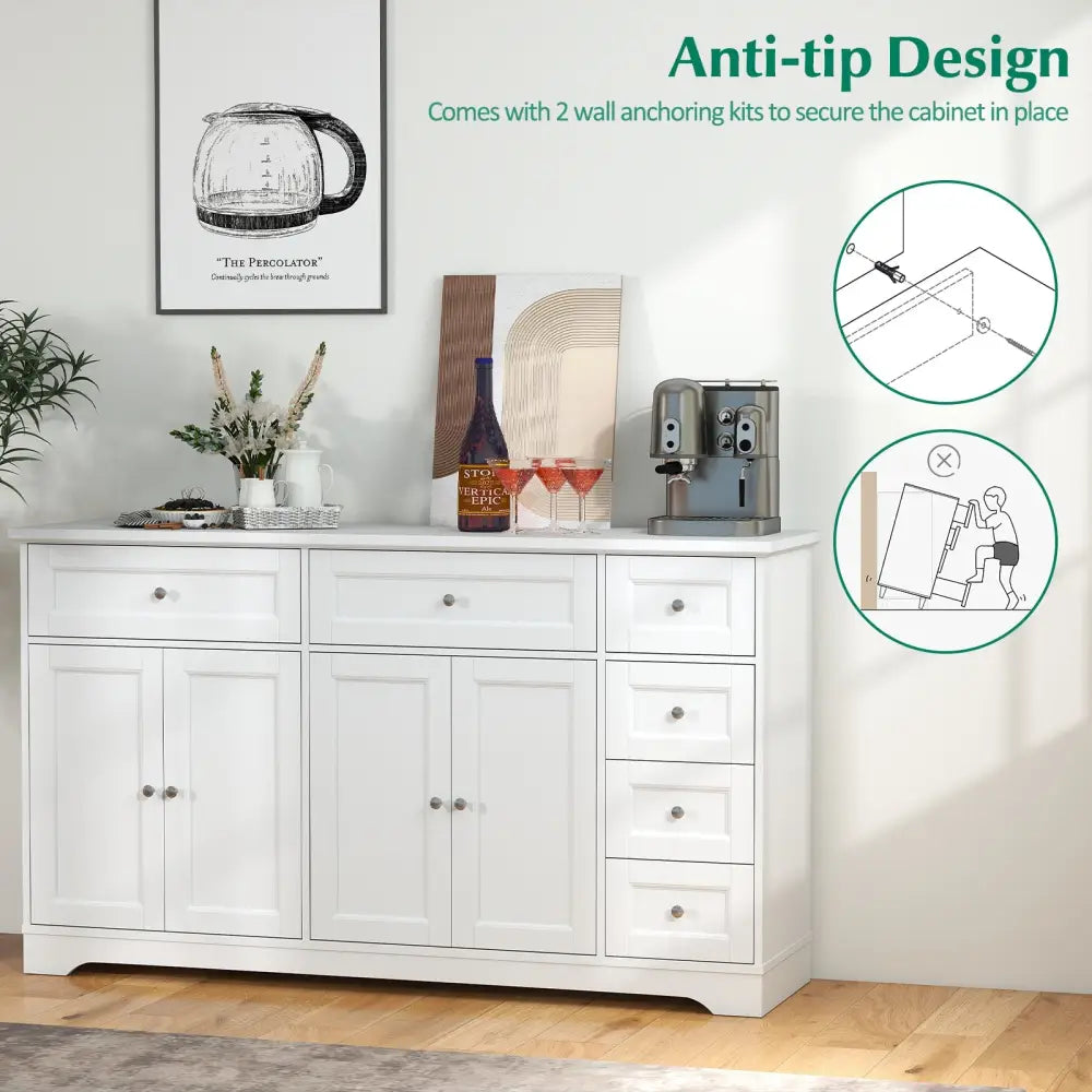 Buffet Sideboard 59’’ Modern Coffee Bar Station Console Table-White - White - Console Tables