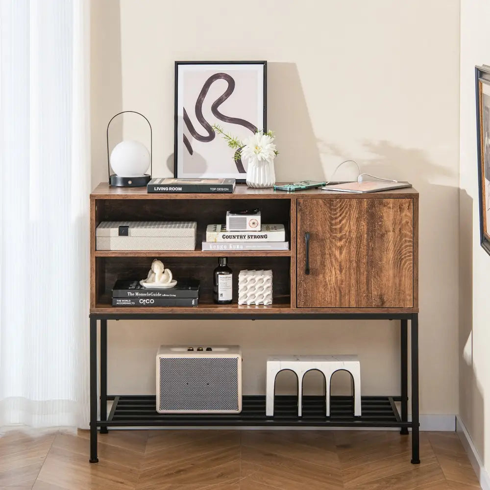Buffet Sideboard Coffee Bar Cabinet with Power Outlets and USB Ports-Rustic Brown - Rustic Brown - Sideboards Cabinets