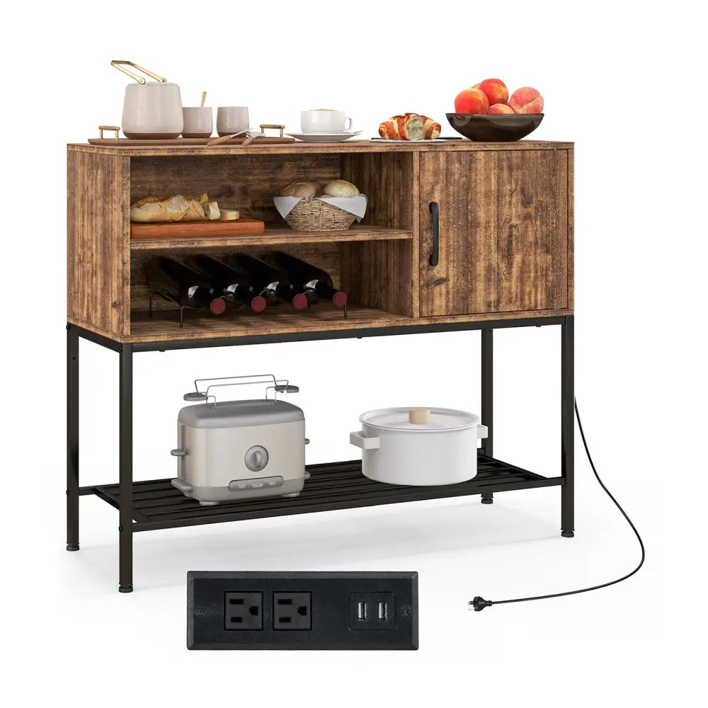 Buffet Sideboard Coffee Bar Cabinet with Power Outlets and USB Ports-Rustic Brown - Rustic Brown - Sideboards Cabinets