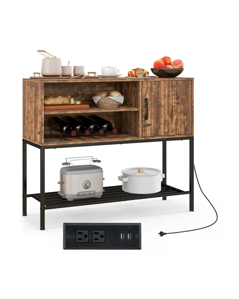 Buffet Sideboard Coffee Bar Cabinet with Power Outlets and USB Ports-Rustic Brown - Rustic Brown - Sideboards Cabinets