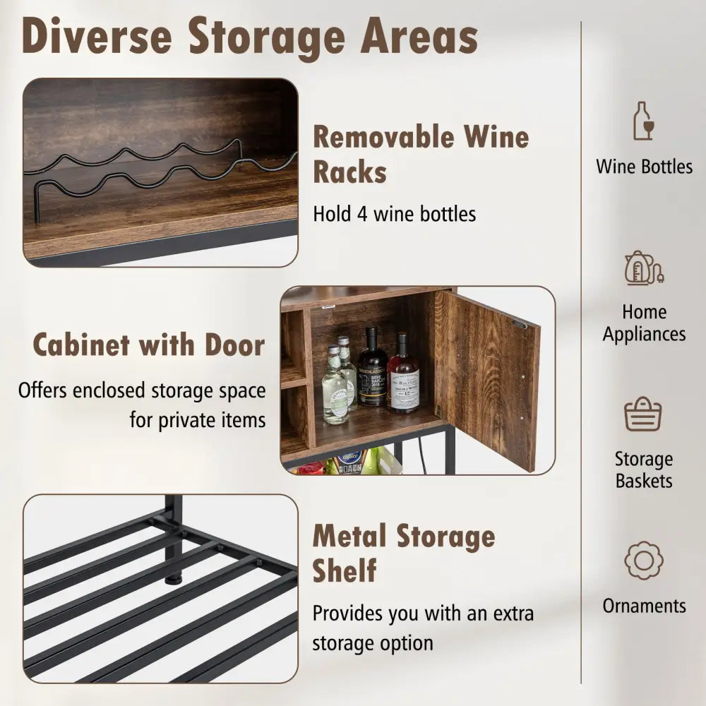 Buffet Sideboard Coffee Bar Cabinet with Power Outlets and USB Ports-Rustic Brown - Rustic Brown - Sideboards Cabinets