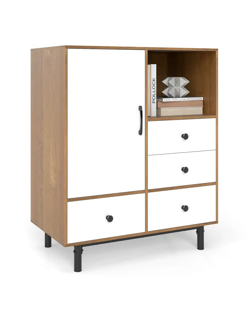 Buffet Sideboard Mid Century Modern Storage Cabinet with 4 Drawers and Open Compartment-Natural - Natural - Sideboards