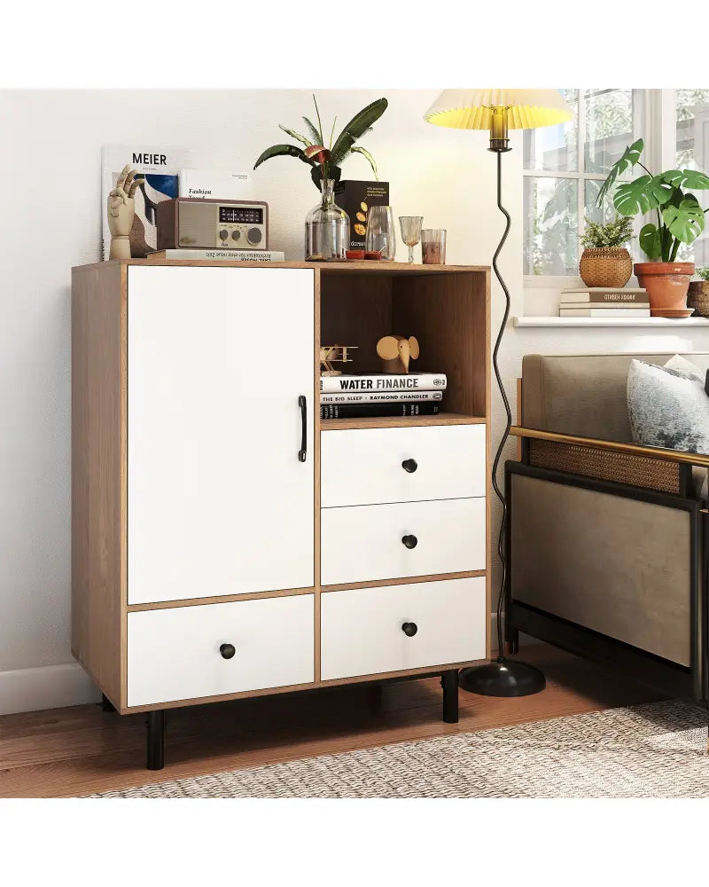 Buffet Sideboard Mid Century Modern Storage Cabinet with 4 Drawers and Open Compartment-Natural - Natural - Sideboards