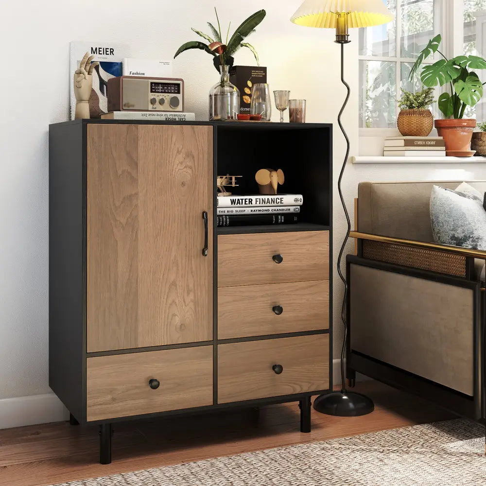 Buffet Sideboard Mid Century Modern Storage Cabinet with 4 Drawers and Open Compartment-Black - Black - Sideboards