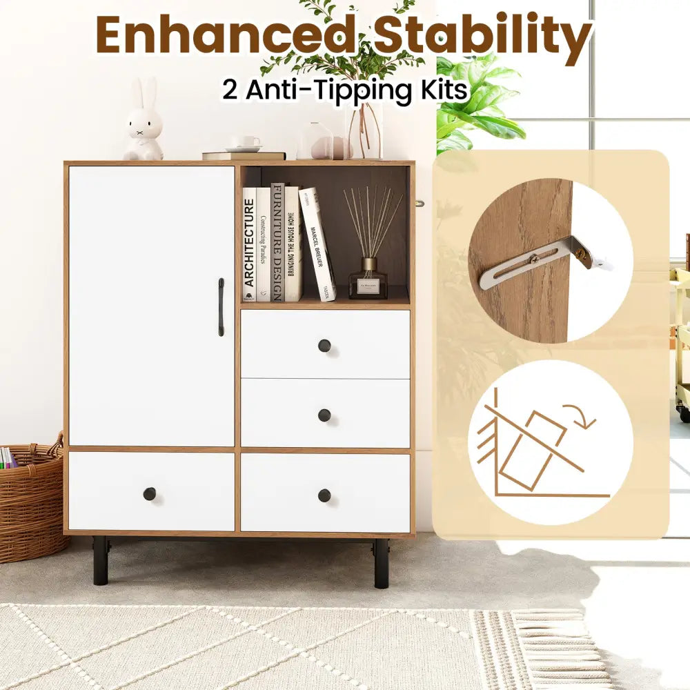 Buffet Sideboard Mid Century Modern Storage Cabinet with 4 Drawers and Open Compartment-Natural - Natural - Sideboards