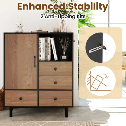 Buffet Sideboard Mid Century Modern Storage Cabinet with 4 Drawers and Open Compartment-Black - Black - Sideboards
